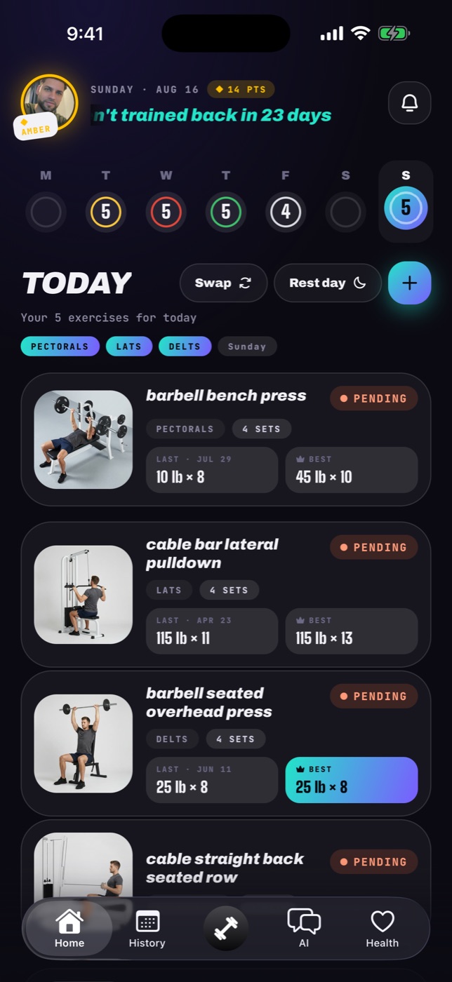 Gymbora home screen with today's workout