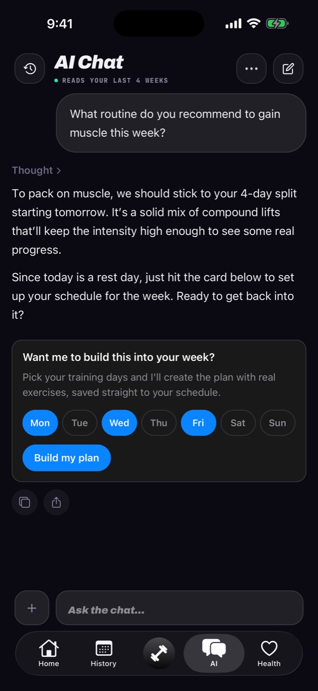 Gymbora AI coach chat building a weekly plan