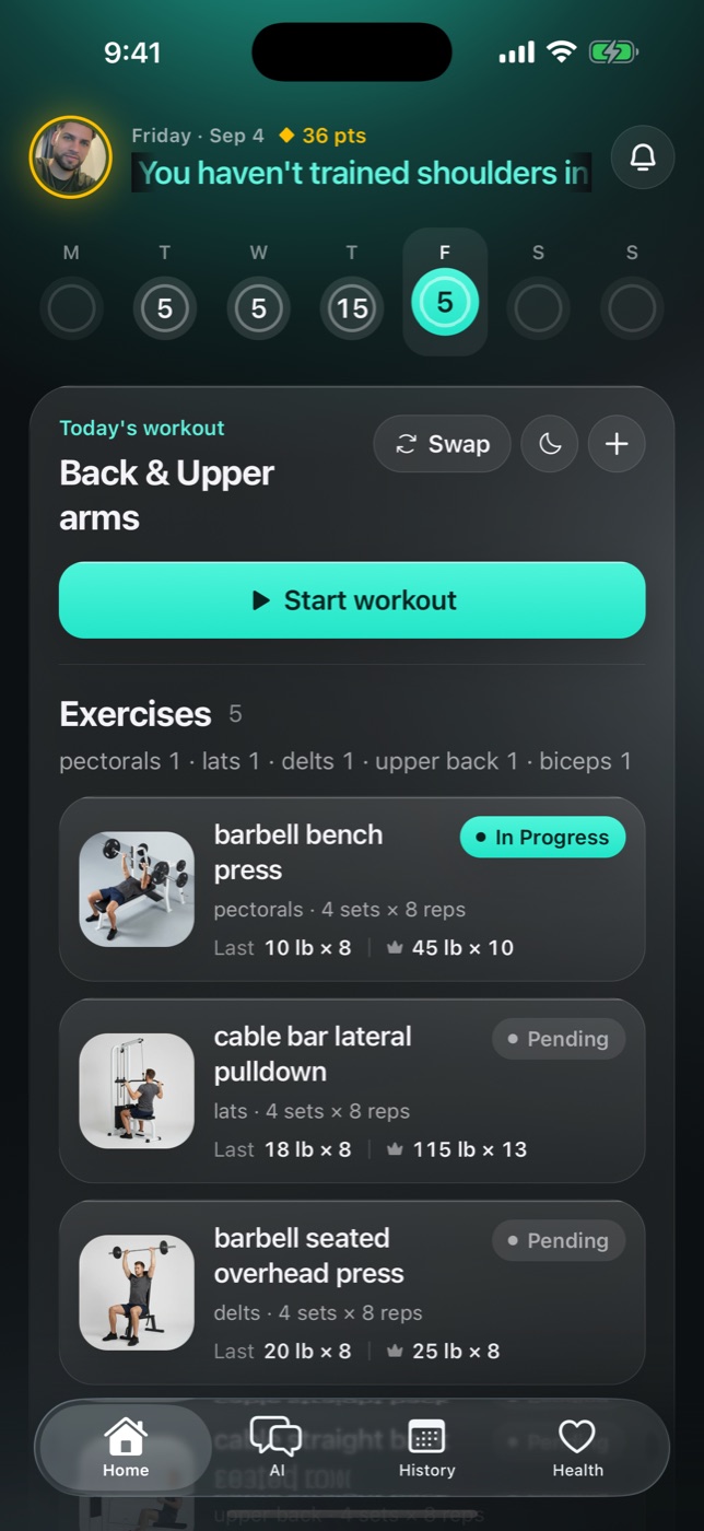 Gymbora home screen with today's workout